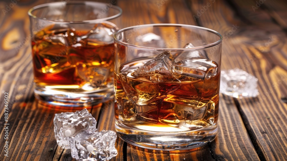 Whiskey glasses with ice on a wooden surface Whiskey glasses with ice on a wooden surface
