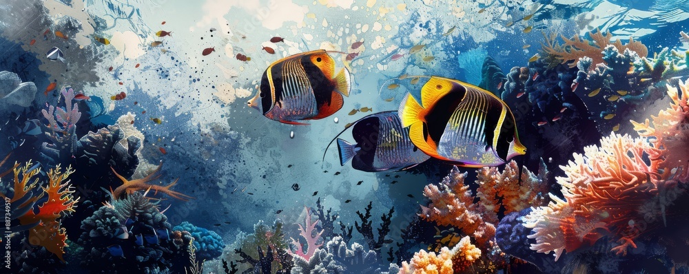 Fototapeta premium Colorful tropical fish swim among vibrant coral reefs in a sunlit underwater scene teeming with marine life and natural beauty.