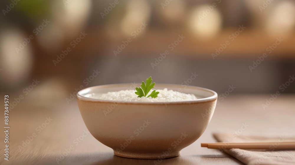 A single serving of white rice in a bowl with a parsley garnish on a wooden table. A single serving of white rice in a bowl with a parsley garnish on a wooden table.