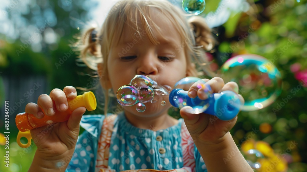 A close-up of a young child blowing bubbles in a sunny garden A close-up of a young child blowing bubbles in a sunny garden