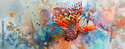 Stunning digital art of a colorful lionfish, showcasing vibrant hues and intricate patterns on an abstract background. photo