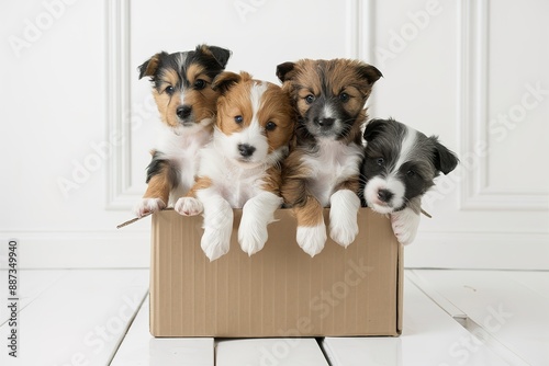 isolated four outbred puppies in a cardboard box on a white background photo