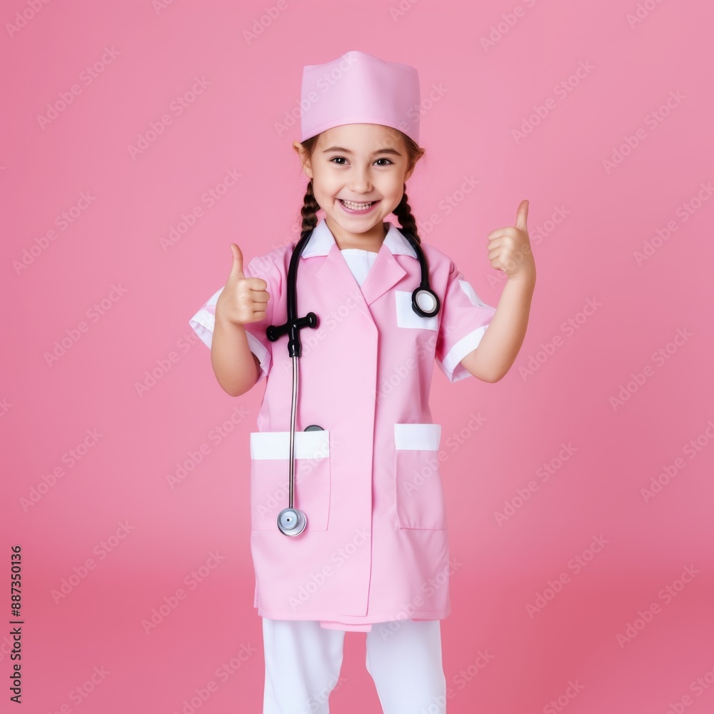 Happy Little Nurse in Whimsical Clinic Illustration | Cute Professional with Syringe and Band-Aid Thumb-Up on Color Background Happy Little Nurse in Whimsical Clinic Illustration | Cute Professional with Syringe and Band-Aid Thumb-Up on Color Background