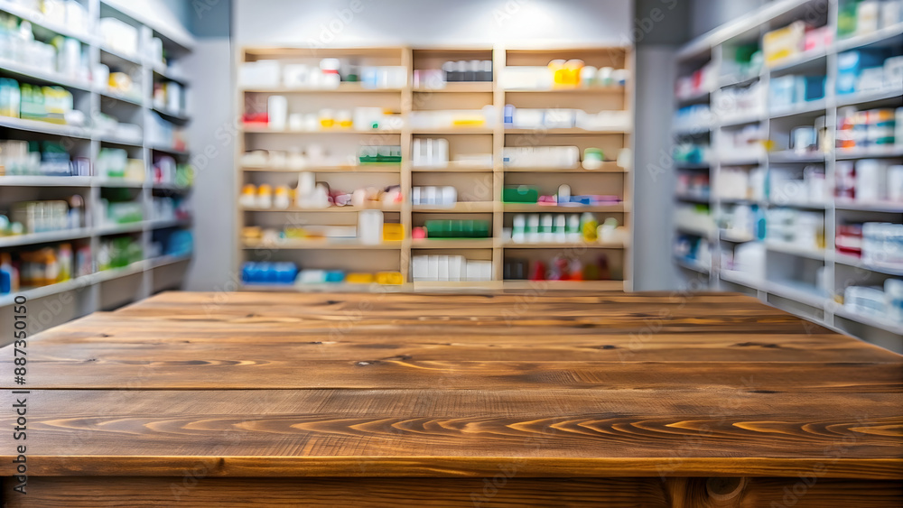 Empty wooden table Pharmacy storefront with a table showcasing a colorful balloon display blurred pharmacy store background Empty wooden table Pharmacy storefront with a table showcasing a colorful balloon display blurred pharmacy store background