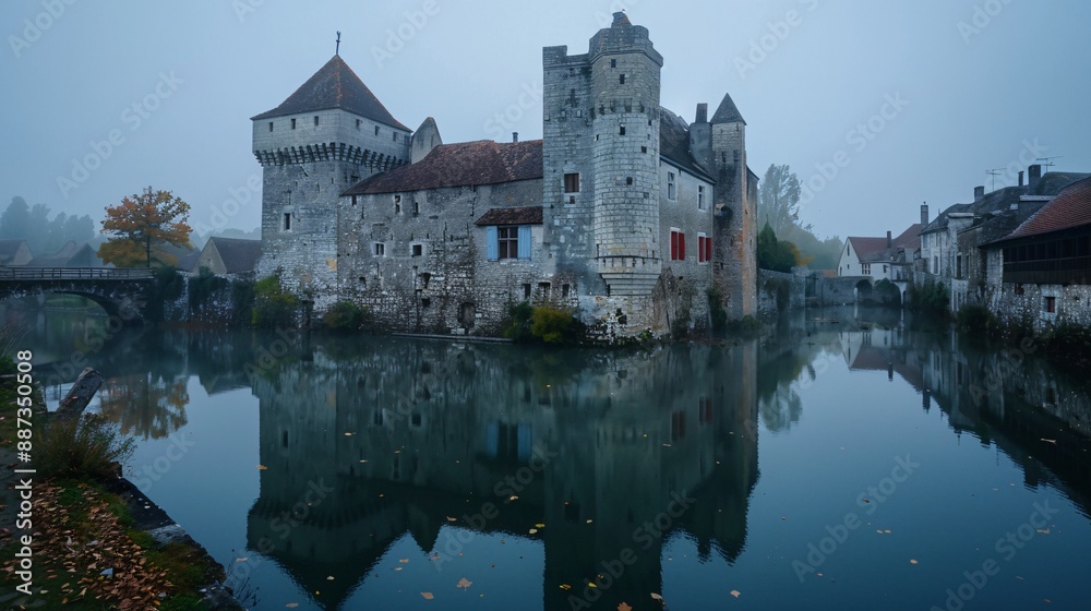 Fototapeta premium A medieval castle reflected in a calm moat on a misty morning