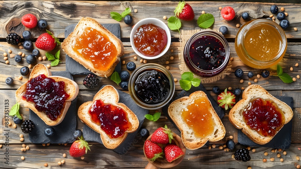 Delicious toasts with sweet jams on wooden background. Delicious toasts with sweet jams on wooden background.