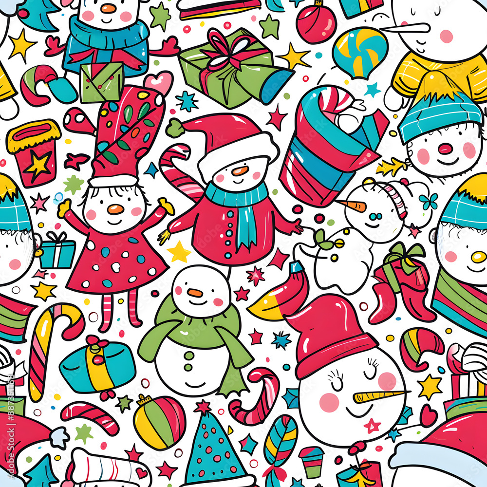 2D illustrated New Year card in a cute graphic style seamless pattern.