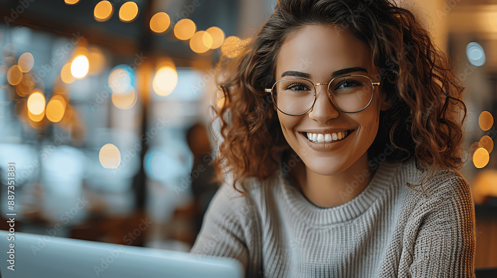 Obraz premium Happy young woman working on laptop in cafe with curly hair and glasses