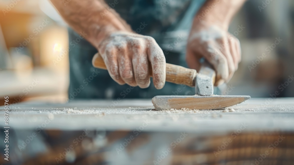 A close-up of a carpenter's calloused hands holding a well-worn chisel. A close-up of a carpenter's calloused hands holding a well-worn chisel.