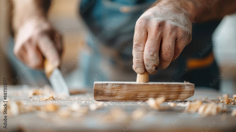 A close-up of a carpenter's calloused hands holding a well-worn chisel. A close-up of a carpenter's calloused hands holding a well-worn chisel.