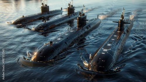 Naval submarines on the surface of the ocean. Nuclear-powered submarines photo