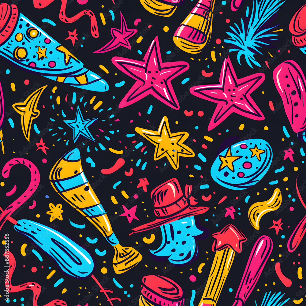 2D illustrated New Year card in a cute graphic style seamless pattern. 2D illustrated New Year card in a cute graphic style seamless pattern.