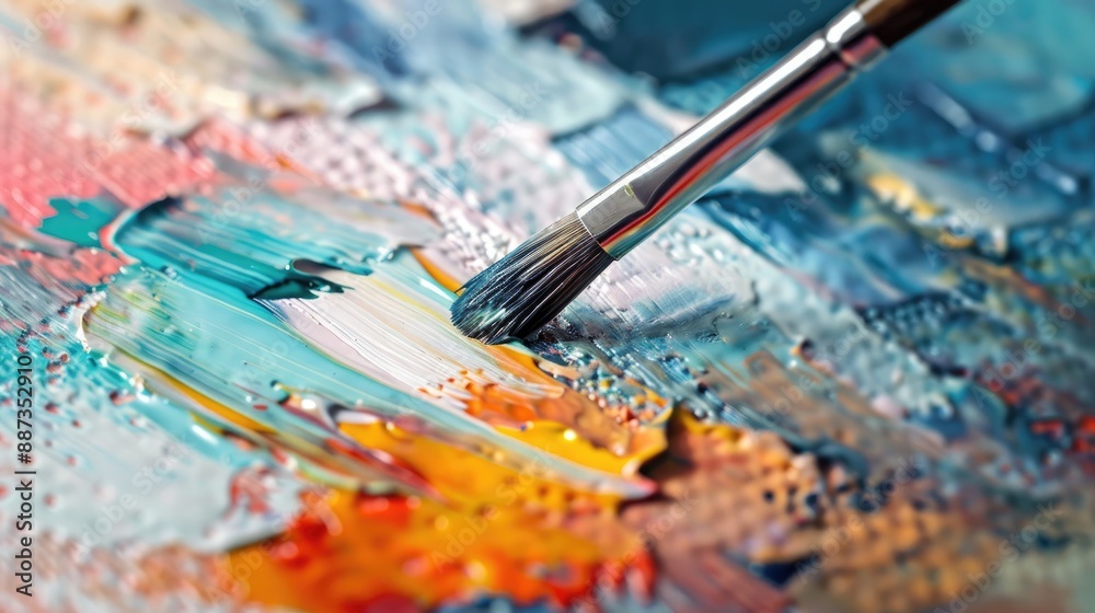 Close up of painting with brush on white surface Close up of painting with brush on white surface