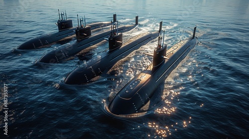 Naval submarines on the surface of the ocean. Nuclear-powered submarines photo