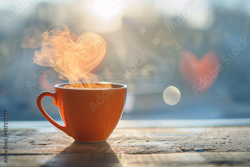 Fresh cup of coffee with heart-shaped steam