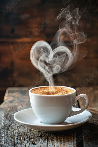 Fresh cup of coffee with heart-shaped steam
