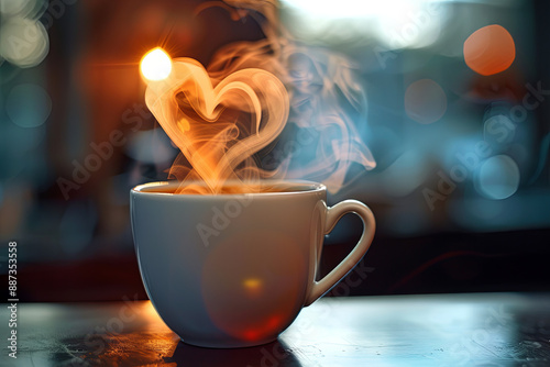 Fresh cup of coffee with heart-shaped steam