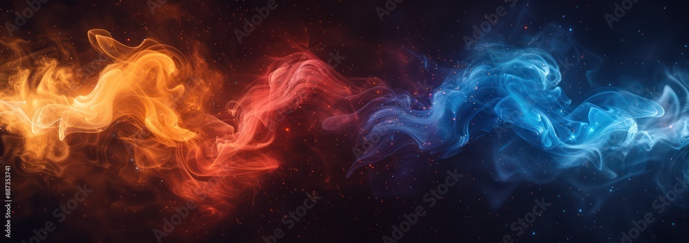 Abstract Swirling Smoke, Red, Blue, and Yellow