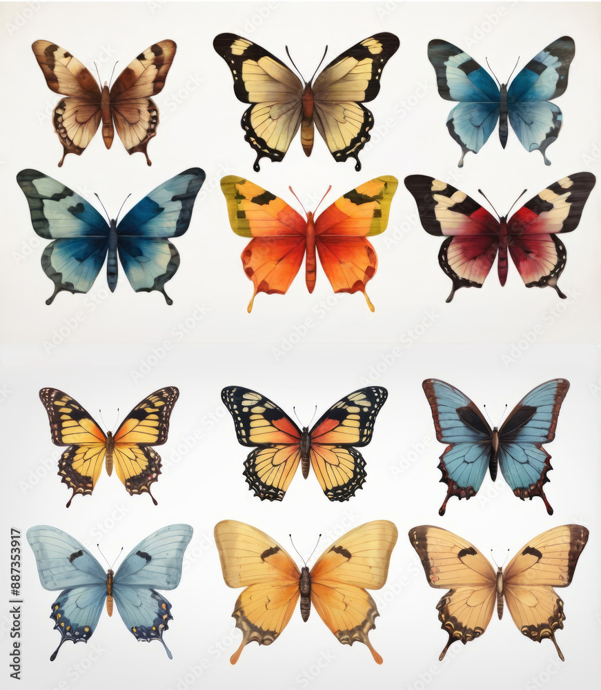 Set of 12 butterfly illustrations, isolated on white background Set of 12 butterfly illustrations, isolated on white background
