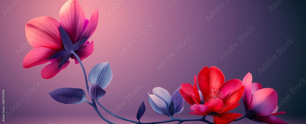 Obraz premium A vibrant, romantic background featuring pink and red hues, blue flower close-ups, and a decorative, isolated flower wallpaper.