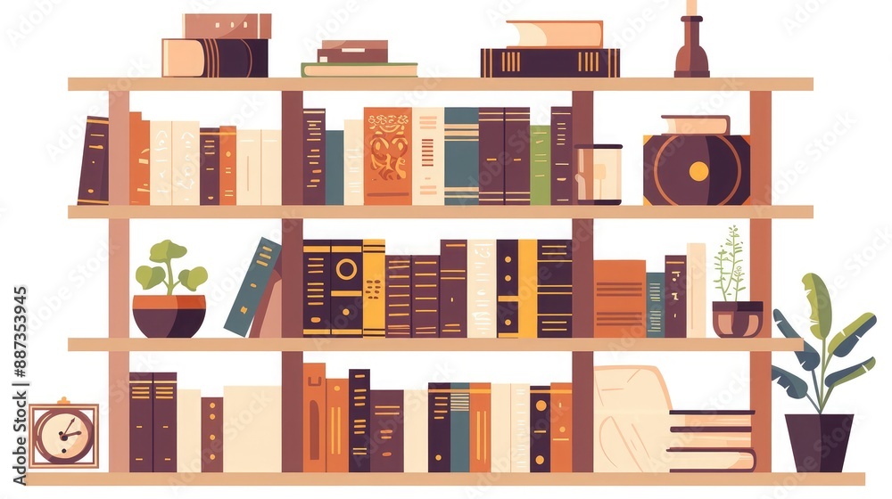 Wooden bookcase, modern design, flat design illustration Wooden bookcase, modern design, flat design illustration