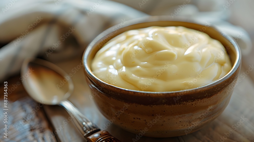 Delicious mayonnaise in bowl and spoon on kitchen table, closeup. Delicious mayonnaise in bowl and spoon on kitchen table, closeup.