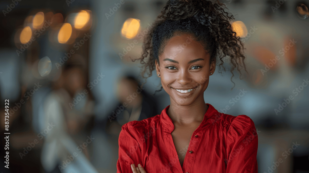 Confident African American Businesswoman in Red Blouse Standing in Modern Office Confident African American Businesswoman in Red Blouse Standing in Modern Office