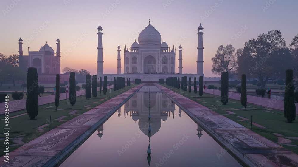 Obraz premium Grand view of the Taj Mahal at dawn, its marble facade reflecting in the serene pool 