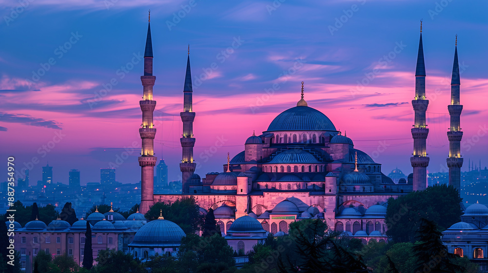 Obraz premium Historic beauty of the Blue Mosque in Istanbul, with its minarets and domes against a twilight sky