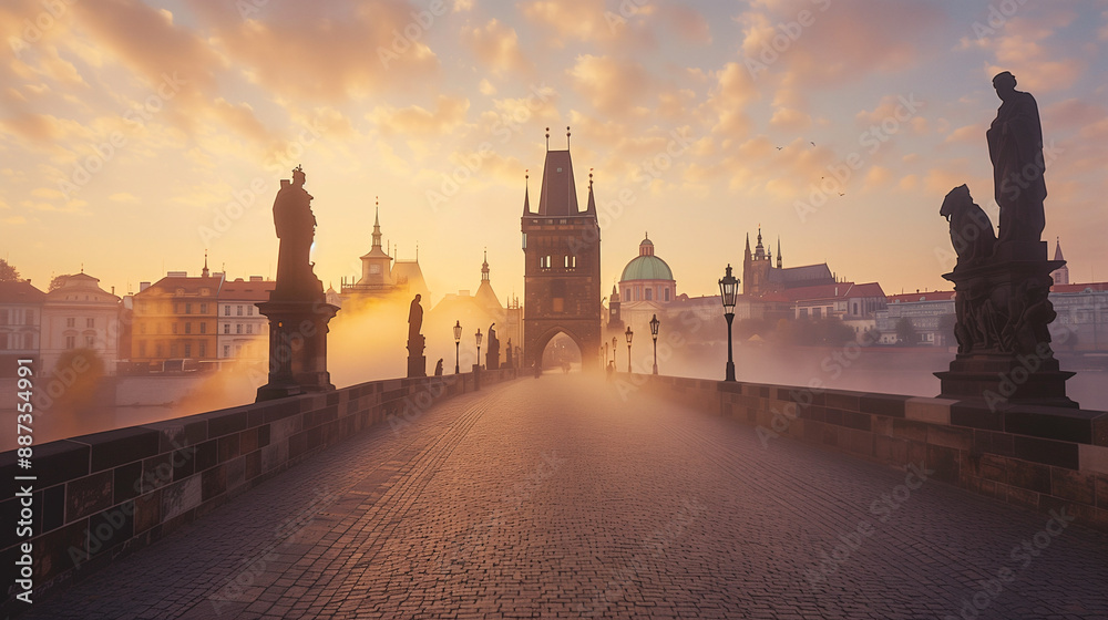 Obraz premium Historic charm of Prague's Charles Bridge, with statues lining its path and mist rising from the Vltava River
