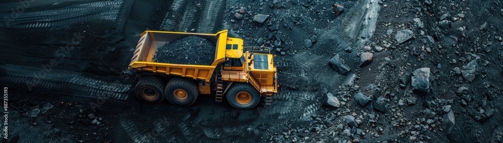 Aerial View of Large Yellow Mining Dump Truck Transporting Coal in an Open-Pit Mine Aerial View of Large Yellow Mining Dump Truck Transporting Coal in an Open-Pit Mine