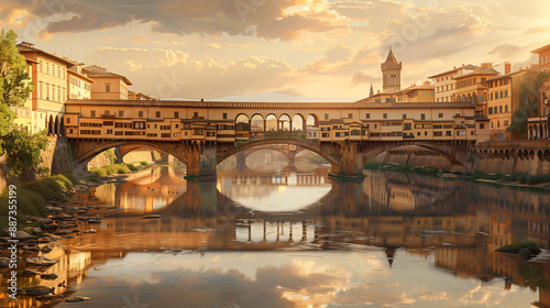Romantic view of Florence’s Ponte Vecchio, with the Arno River reflecting the medieval bridge