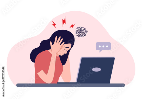 Burnout exhausted woman tired sitting at her workplace in office holding her head vector illustration. Concept of emotional burnout, stress, tiredness, mental health problems.
