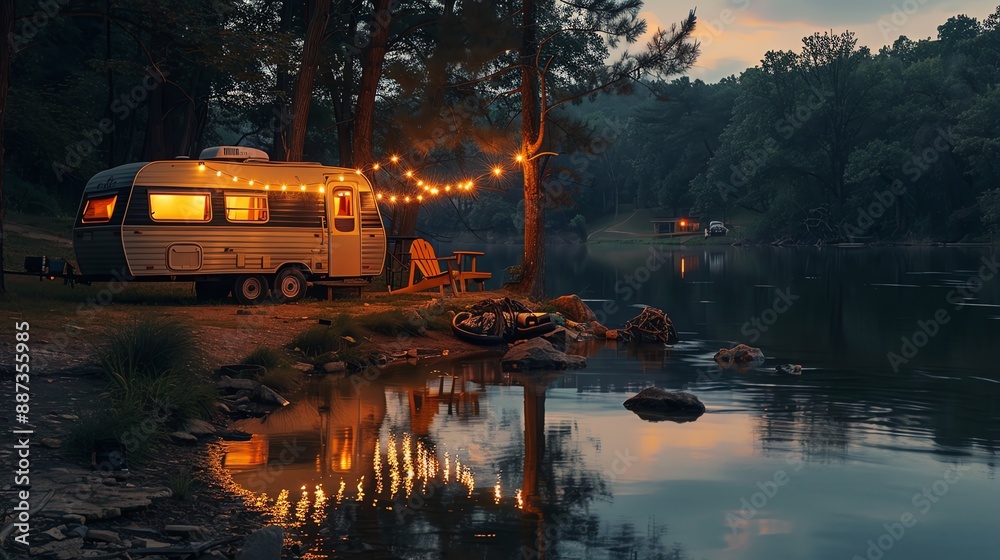 Campervan by the lake at dusk. Campervan by the lake at dusk.