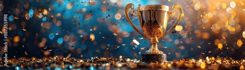 Golden Trophy with Confetti on Sparkling Background Celebrating Victory and Achievement