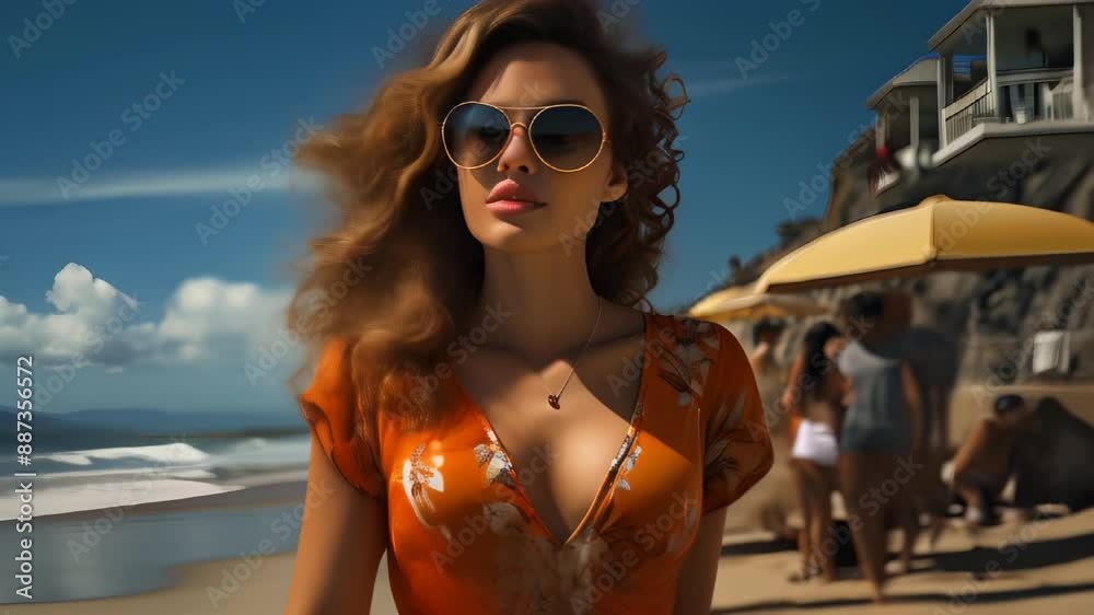 Woman walking on beach with sunglasses and floral dress Woman walking on beach with sunglasses and floral dress