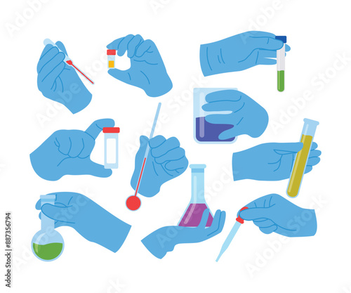 Doctors hands with different medical equipment and surgical tools set. Medicine collection of human arms in protective gloves operating, holding scalpel, lancet or syringe cartoon vector illustration