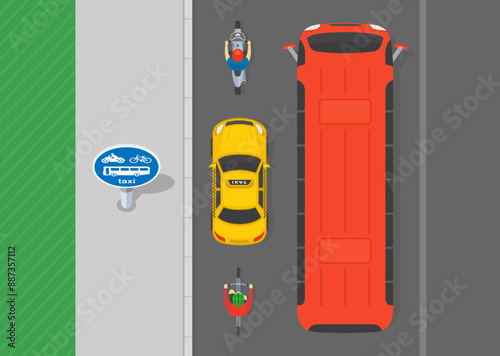 Safe driving tips and traffic regulation rules. Top view of a route for buses, pedal cycles, solo motorcycles and taxis. Flat vector illustration template.