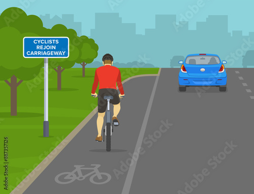 Safe driving tips and traffic regulation rules. "Cyclists rejoin carriageway" sign area. Back view of a bicycle rider on a bike lane. Flat vector illustration template.