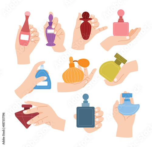Set of woman hand holding perfume and sprays the scent, Essential oil bottle, perfume bottle. Spraying fragrant cosmetic toilet water, Elegant female hands with manicure holding a bottle of perfume. 