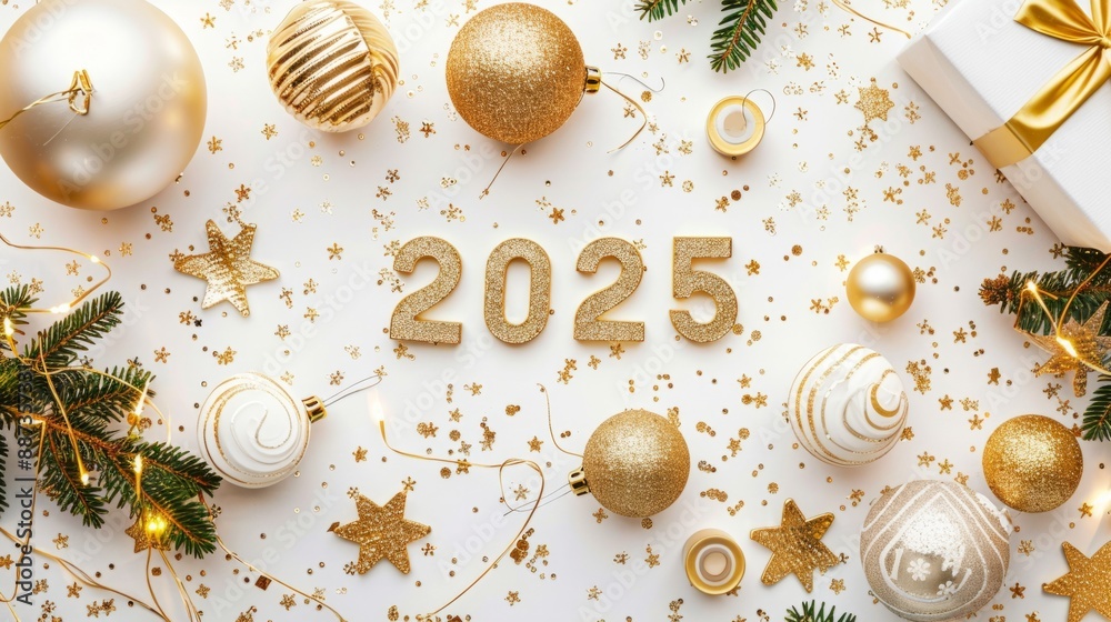 Fototapeta premium Happy New Year 2025 Christmas decorations on white background