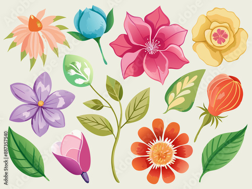 Fototapeta Naklejka Na Ścianę i Meble -  set of separate parts of flowers in watercolors