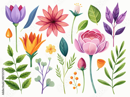 Fototapeta Naklejka Na Ścianę i Meble -  set of separate parts of flowers in watercolors