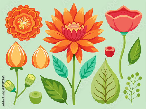Fototapeta Naklejka Na Ścianę i Meble -  set of separate parts of flowers in watercolors