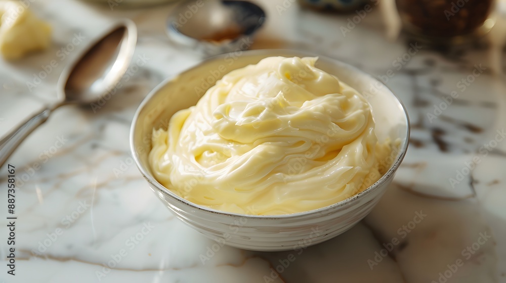 Delicious mayonnaise in bowl and spoon on kitchen table, closeup. Delicious mayonnaise in bowl and spoon on kitchen table, closeup.