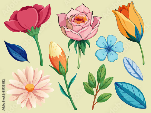 Fototapeta Naklejka Na Ścianę i Meble -  set of separate parts of flowers in watercolors