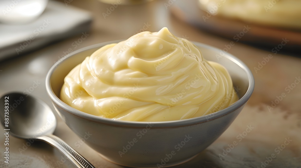 Delicious mayonnaise in bowl and spoon on kitchen table, closeup. Delicious mayonnaise in bowl and spoon on kitchen table, closeup.