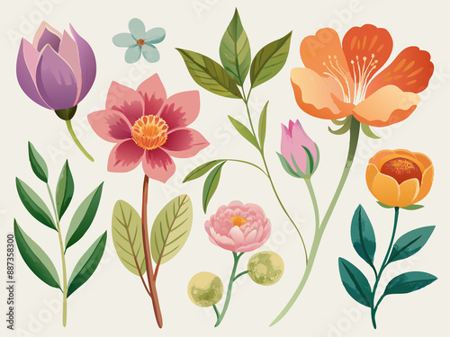 Fototapeta Naklejka Na Ścianę i Meble -  set of separate parts of flowers in watercolors