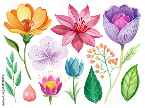 Fototapeta Naklejka Na Ścianę i Meble -  set of separate parts of flowers in watercolors
