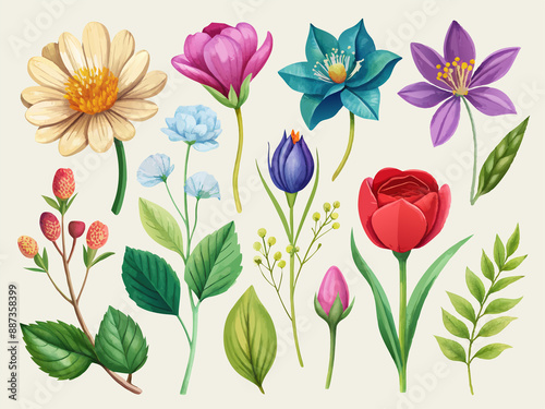 Fototapeta Naklejka Na Ścianę i Meble -  set of separate parts of flowers in watercolors